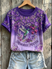 Women's Memories Matter Purple Ribbon Hummingbird Print Short-sleeved T-shirt