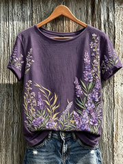 Women's Purple Plant Flower Pattern Printed Casual Short-Sleeved T-shirt