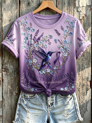 Women's Memory & Awareness Purple Ribbon Hummingbird Print Short-sleeved T-shirt
