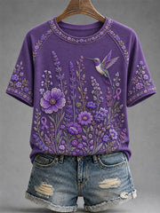 Women's Purple Floral & Hummingbird Print Alzheimer's Awareness Support Tee