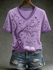 Women's Alzheimer's Awareness Dementia Support Purple Ribbon Purple Floral & Hummingbird Art Tee