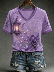 Women's Alzheimer's Awareness Dementia Support Purple Ribbon Purple Floral & Hummingbird Art Tee