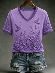 Women's Alzheimer's Awareness Dementia Support Purple Ribbon Purple Floral & Hummingbird Art Tee