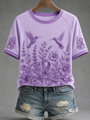 Women's Alzheimer's Awareness Dementia Support Purple Ribbon Purple Floral & Hummingbird Art Tee