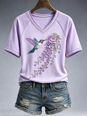 Women's Hummingbird And Floral Embroidery Art T-Shirt