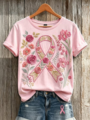 Women's Classy Floral Pink Ribbon Art Print Short-sleeved T-shirt