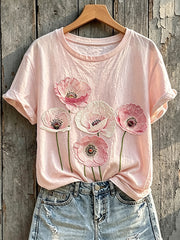 Women's Classy Pink Floral Print Short-sleeved T-shirt