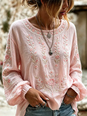 Women's Breast Cancer Pink Flowers Print Cotton-Linen Shirt