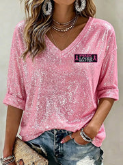 Women's Breast Cancer Awareness Support Pink Ribbon Mid-length Sleeves V-Neck T-Shirt