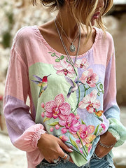 Women's Breast Cancer Awareness Flower Hummingbird Cotton-Linen Shirt