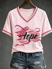 Women's Pink Ribbon & Flag Print Breast Cancer Awareness Support V-neck Off-shoulder Short-sleeved T-shirt