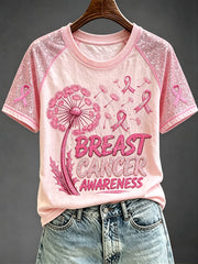 Women's Pink Ribbon Awareness Print Round Neck Short Sleeve T-shirt