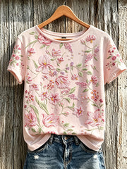 Women's pink flowers pattern printed short-sleeved T-shirt