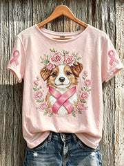 Women's Breast Cancer Cute Dog Pattern Printed Casual Short-Sleeve T-Shirt