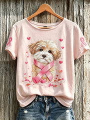 Women's Breast Cancer Cute Dog Pattern Printed Casual Short-Sleeve T-Shirt