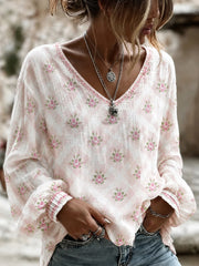 Women's Breast Cancer Pink Flowers Print Cotton-Linen Shirt