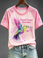 Women's Pink Ribbon Hummingbird Print Round Neck Short Sleeve T-shirt