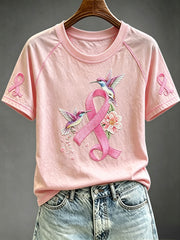 Women's Pink Ribbon Hummingbird Print Round Neck Short Sleeve T-shirt