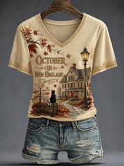 Women's OCTOBER IN NEW ENGLAND Printed V-neck T-shirt