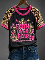Women's Faith Over Fear Breast Cancer Awareness Leopard Print Short Sleeve T-shirt