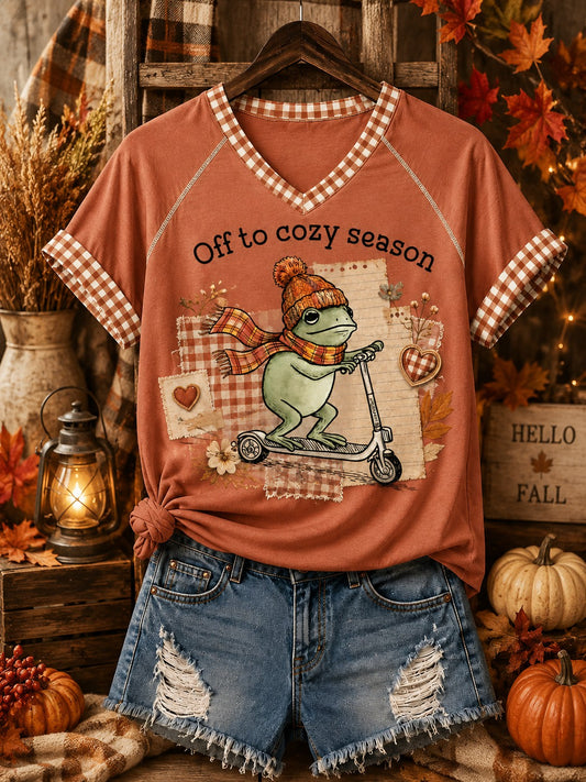 Women's Off To Cozy Season Printed V-neck Off-shoulder T-shirt