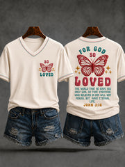 Women's Christian John 3:16 For God So Loved The World Cross Short Sleeve V-neck T-shirt