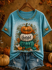 Women's Thanksgiving Thankful Grateful Blessed Pumpkin Art Print Short Sleeve T-shirt