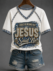 Women's I Could Be Meaner But Jesus Said No V-neck Off-shoulder Short-sleeved T-shirt