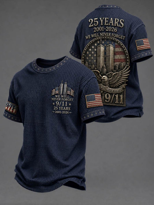 Men's WE WILL NEVER FORGET 9/11 25 YEARS 2001-2026 Waffle Tee