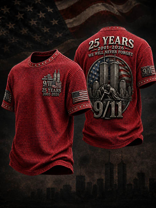 Men's WE WILL NEVER FORGET 9/11 25 YEARS 2001-2026 Waffle Tee
