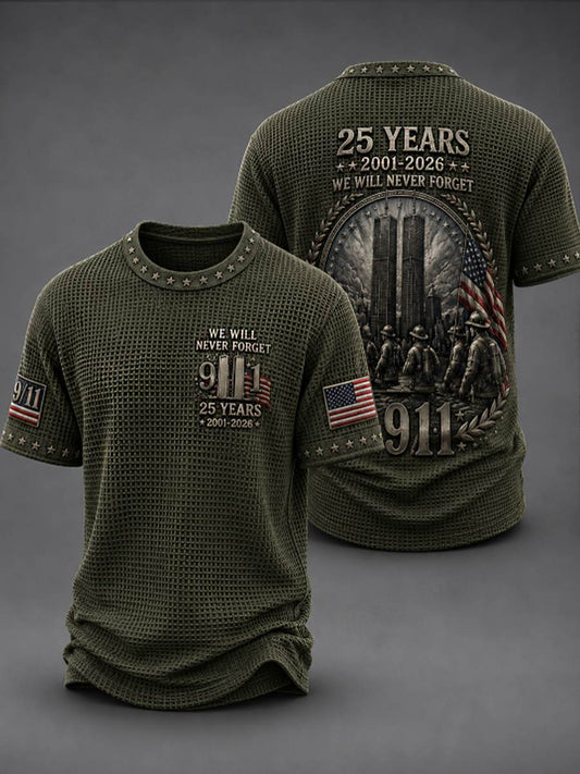 Men's WE WILL NEVER FORGET 9/11 25 YEARS 2001-2026 Waffle Tee