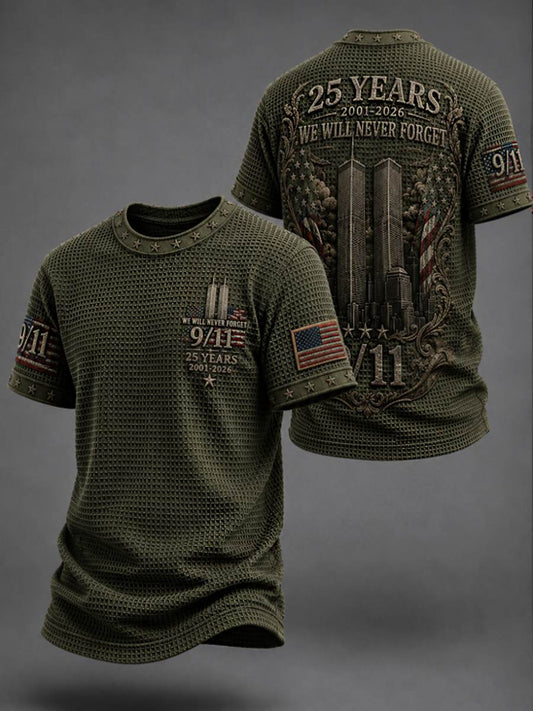 Men's WE WILL NEVER FORGET 9/11 25 YEARS 2001-2026 Waffle Tee