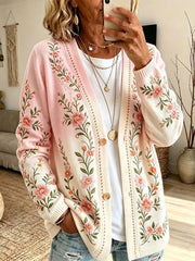 Women's Breast Cancer Prevention Themed Floral Print Casual Cardigan