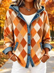 Women's Fall Plaid Print Denim Patchwork Hooded Cardigan