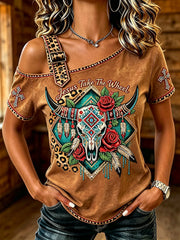 Women's Western Wind Element Pattern Printed Casual Off-the-Shoulder Short-Sleeve T-Shirt
