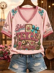Women's She's From Texas I Can Tell Print Casual V-Neck Tee