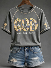 Women's God Is Good Floral Print Round Neck Short Sleeve T-shirt