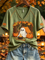 Women's cute ghost camping pattern printed casual short-sleeve T-shirt