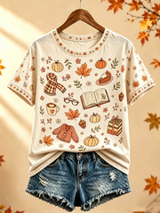 Women's Autumn maple leaf printed short-sleeved T-shirt