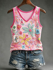 Women’s Floral Mahjong Casual V-Neck Vests