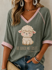 Women's Funny Christian He Loved Me First Mid-length Sleeves V-Neck T-Shirt