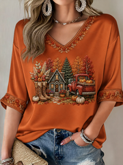 Women's Fall Trees Fall Leaves Printed Mid-length Sleeves V-Neck T-Shirt