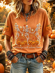 Women's Fall Breeze and Autumn Leaves Skeletons Print Round Neck Short Sleeve T-shirt