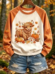 Women's Autumn Highland Cow Print Contrast Color Raglan Sleeve Sweatshirt