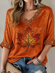Women's Fall Trees Fall Leaves Printed Mid-length Sleeves V-Neck T-Shirt