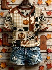 Women's Western-style autumn printed short-sleeved T-shirt