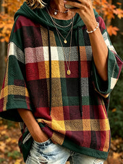 Women's autumn plaid color-blocked design casual hoodie
