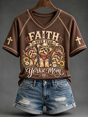 Women's Faith Over Fear Yorkie Mom Print V-neck Short-sleeved T-shirt