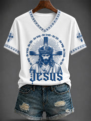 Women's JESUS Printed V-neck T-shirt