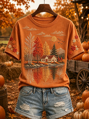 Women's Fall Landscape Reflection Print Cozy Short-sleeved T-shirt